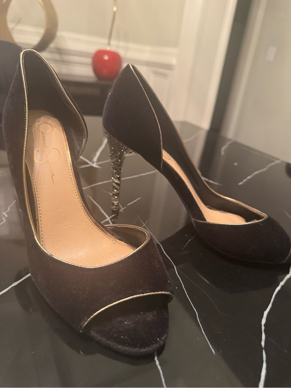 Jessica Simpson Black Velvet Peep-Toe Heels with Metallic Embellished Heel